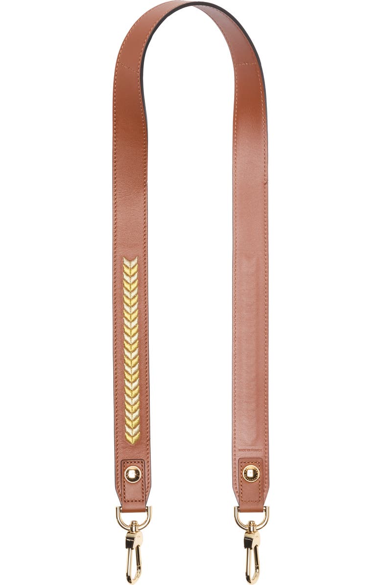 Longchamp Metallic Embroidered Leather Shoulder Strap, Main, color, Cognac