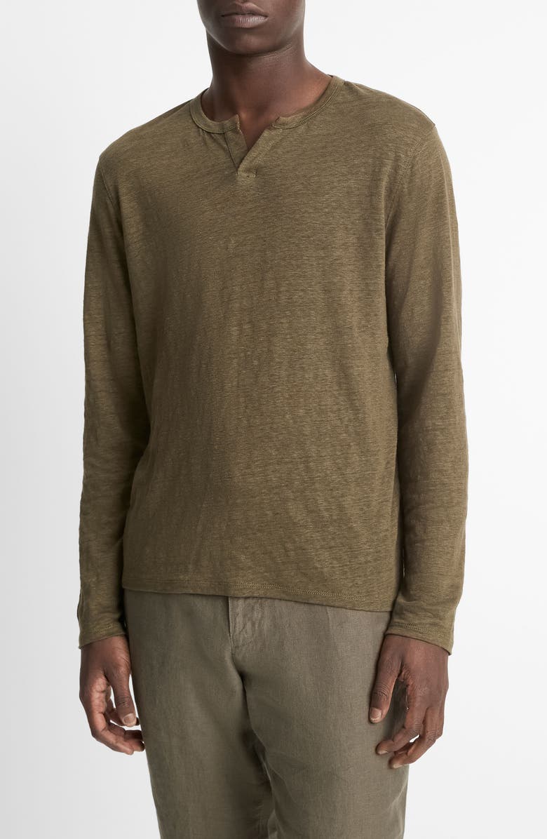 Vince Notch Neck Long Sleeve Slub Linen T-Shirt, Main, color, Olive Leaf