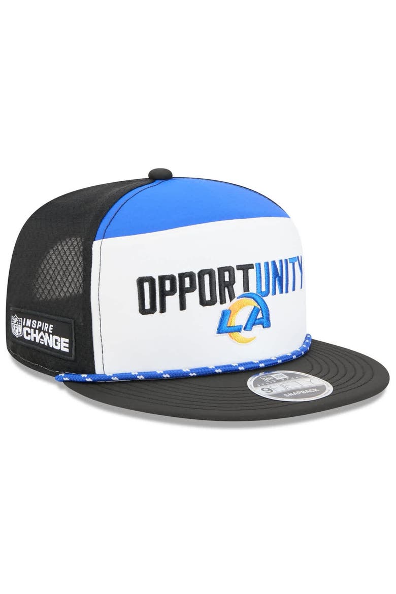 Men's New Era White/Black Los Angeles Rams 2025 Inspire Change Split Panel 9FIFTY Snapback Hat, Main, color, White