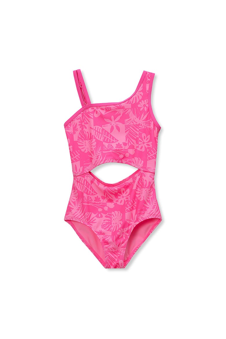 Girls Chlorine Resistant Asymmetrical One Piece Swimsuit, Main, color, Pink/Tropical Floral