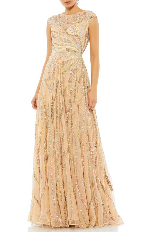 Mac Duggal Cap Sleeve Embellished Evening Gown In Beige Multi
