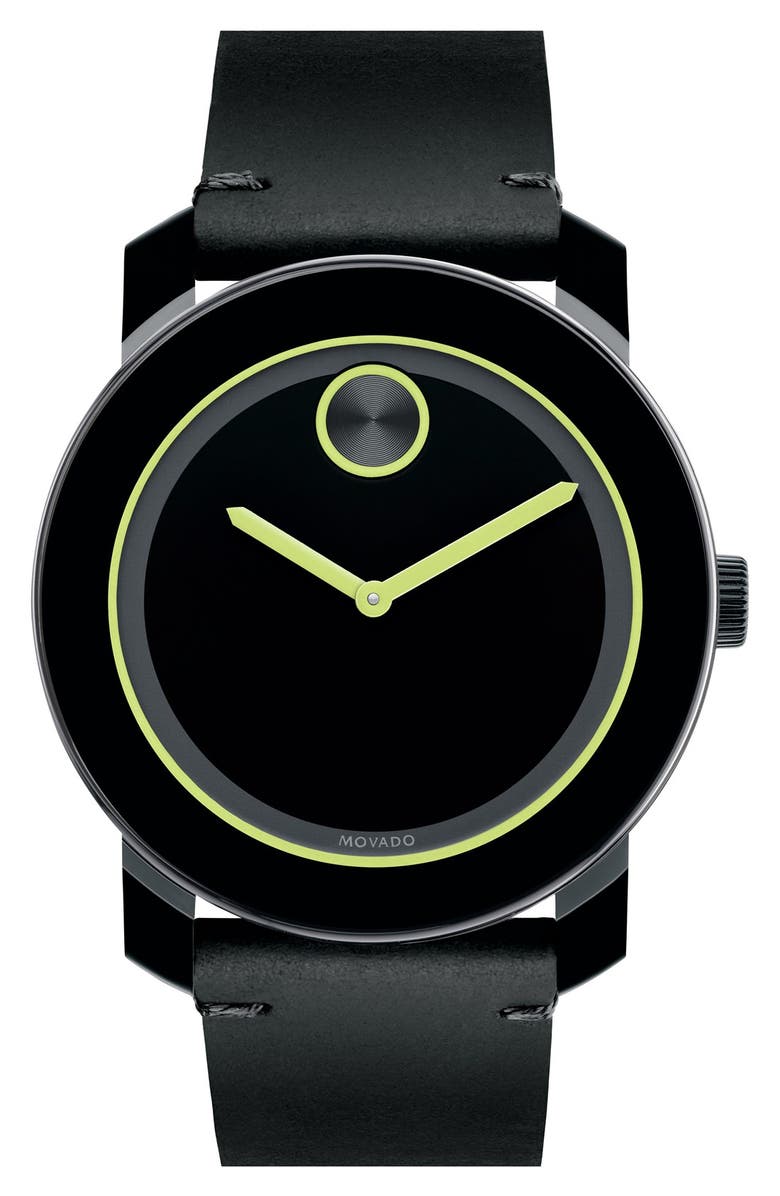 Movado 'Bold' Leather Strap Watch, 42mm, Main, color,