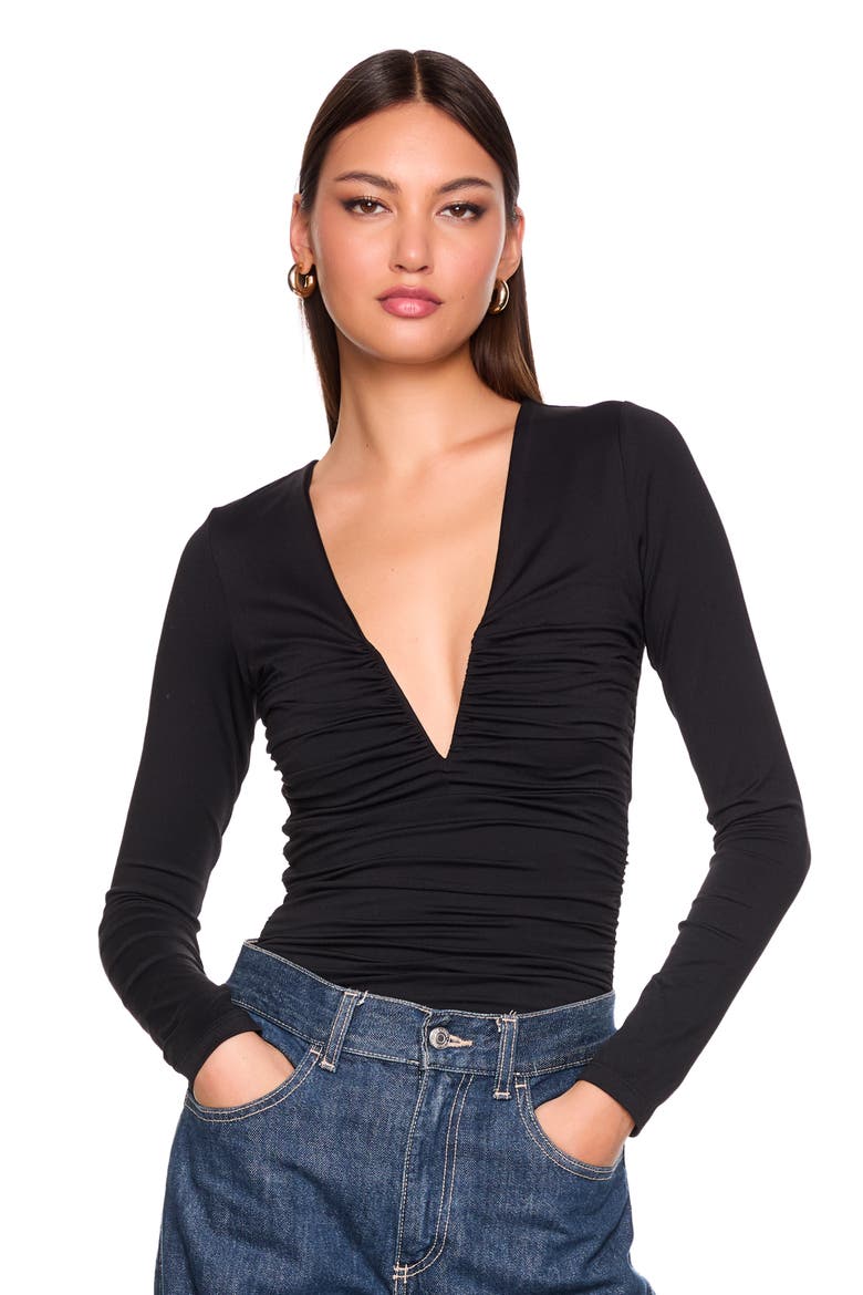 Ruched V-Neck Long Sleeve Top, Alternate, color, BLACK