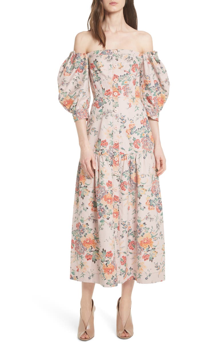 Rebecca Taylor Marlena Off the Shoulder Floral Midi Dress, Main, color, 