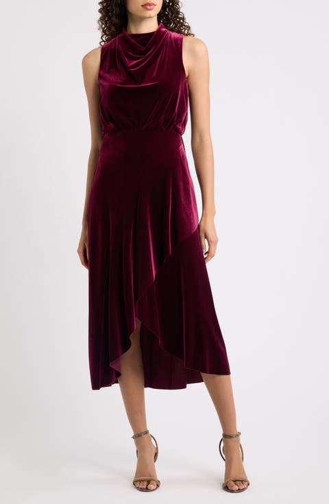 Cowl Neck Velvet Midi Dress