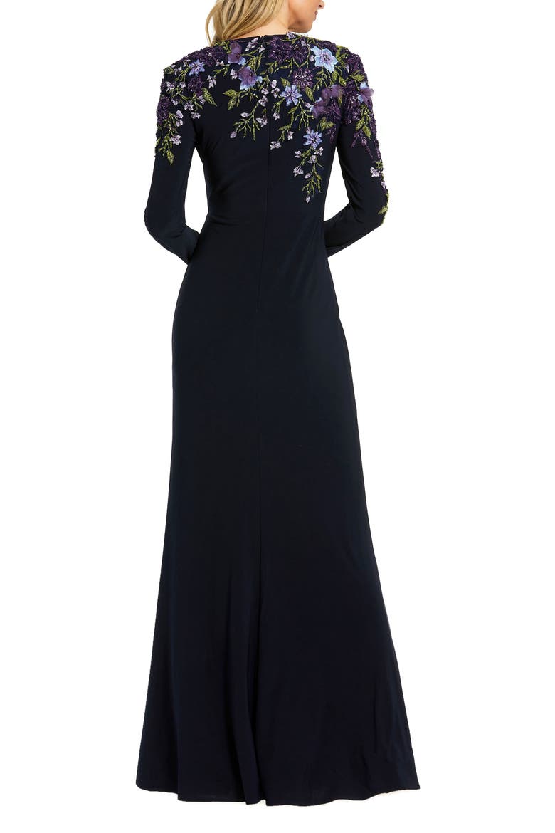 Embellished Long Sleeve Fitted Jersey Gown, Alternate, color, Midnight