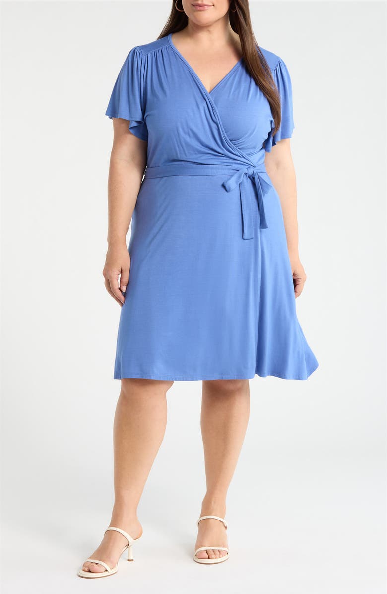 Loveappella Flutter Sleeve Faux Wrap Jersey Dress, Main, color, Denim