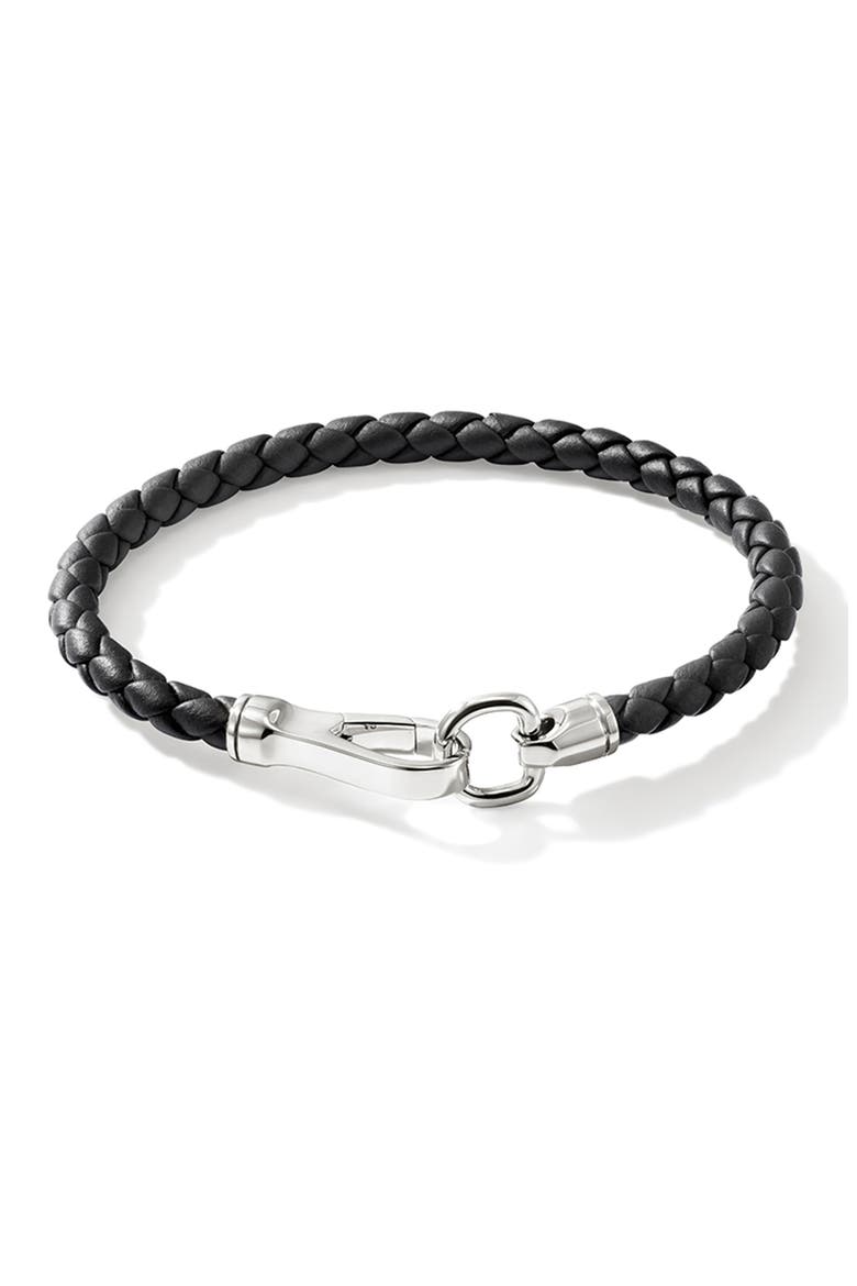 Men's Braided Leather Bracelet, Main, color, BLACK/ SILVER