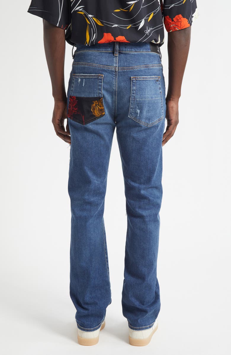 AMIRI Thrasher Slim Fit Distressed Floral Velvet Patch Jeans, Alternate, color, Dark Indigo