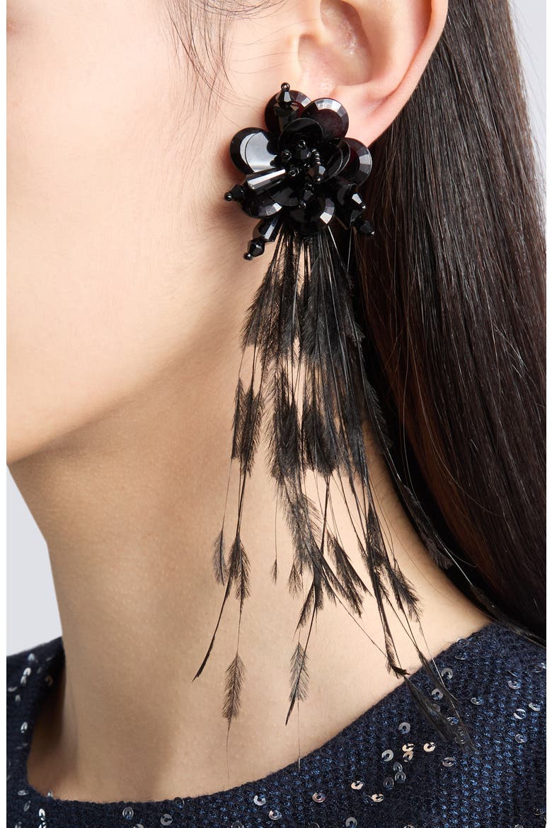 Feather Fringe Clip-On Earrings, Alternate, color, BLACK