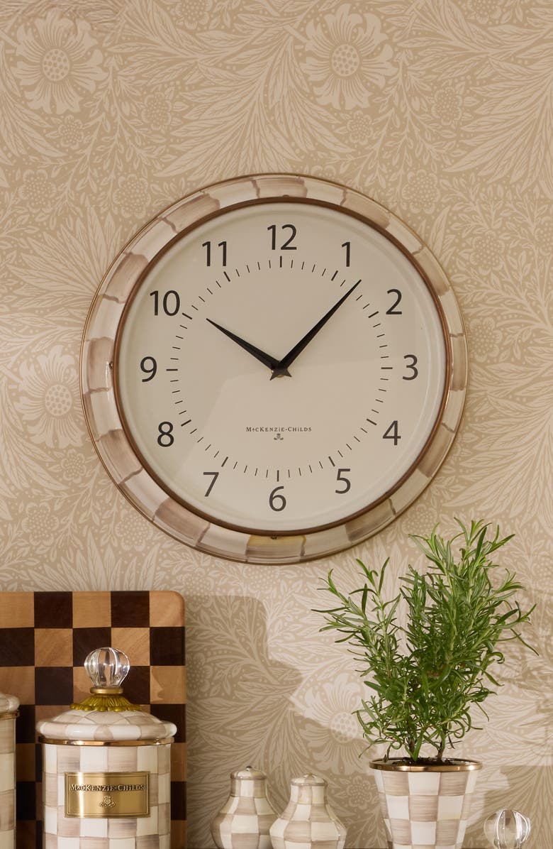 MACKENZIE CHILDS Mocha Check Enameled Steel School Wall Clock, Alternate, color, Mocha