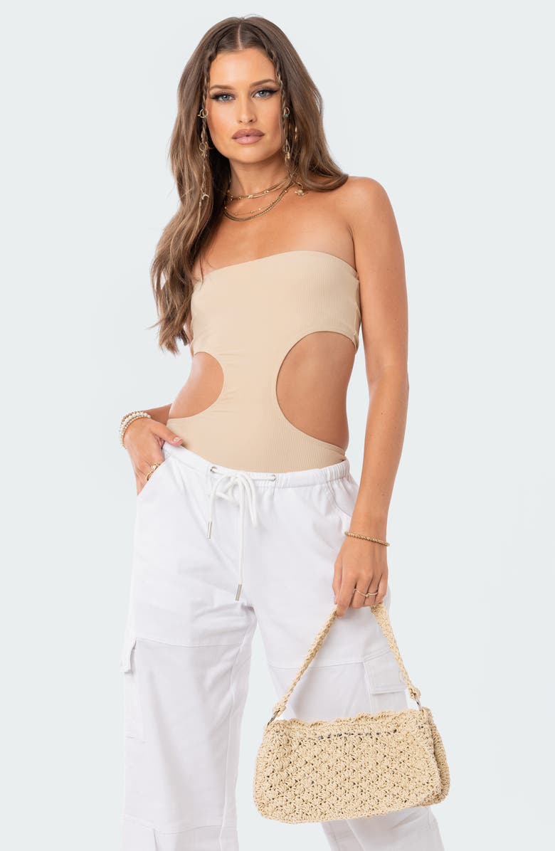 EDIKTED Vivie Rib Strapless Cutout Bodysuit, Alternate, color, Beige