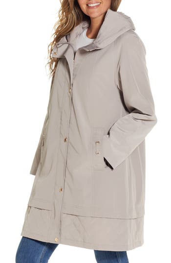 Gallery Water Resistant Hooded Rain Coat In Gray
