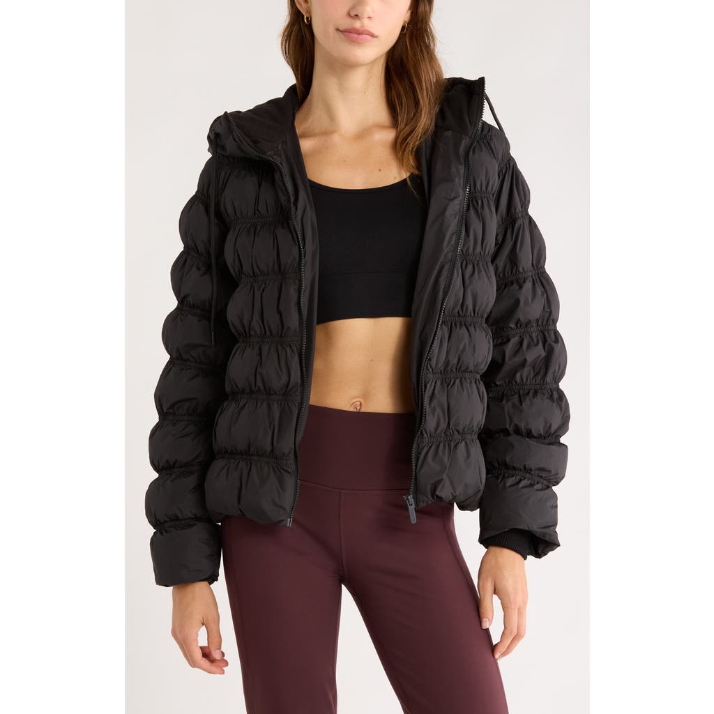 Zella Shirred Channel Quilted Water Repellent Hooded Jacket In Black