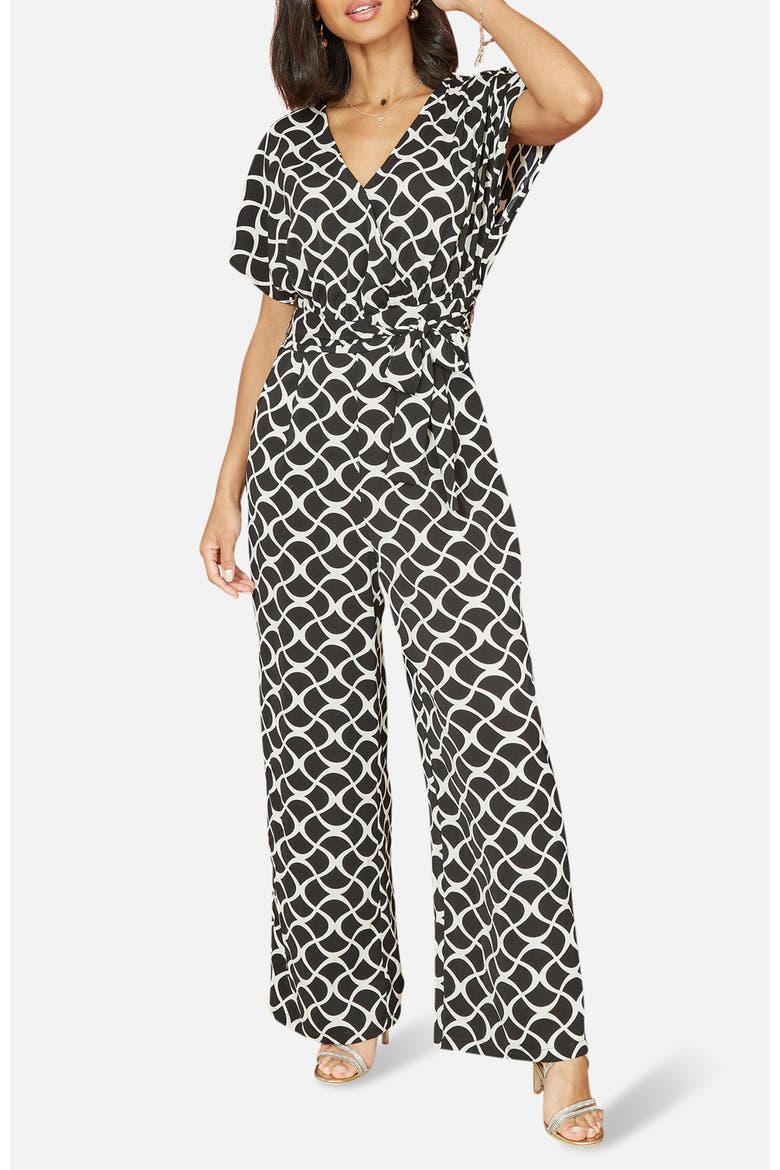 Geometric Print Wrap Jumpsuit, Alternate, color, Black