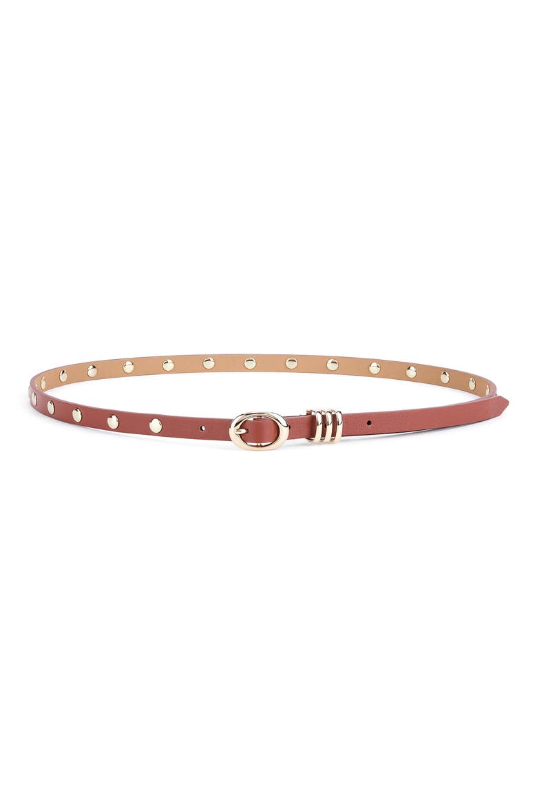 Skinny Studded Leather Belt, Main, color, COGNAC