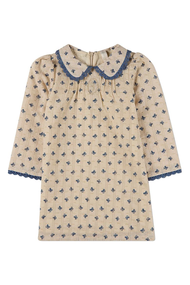 Embroidered-Bow Pointelle Lace-Trim Mini-Print Dress, Main, color, Navy