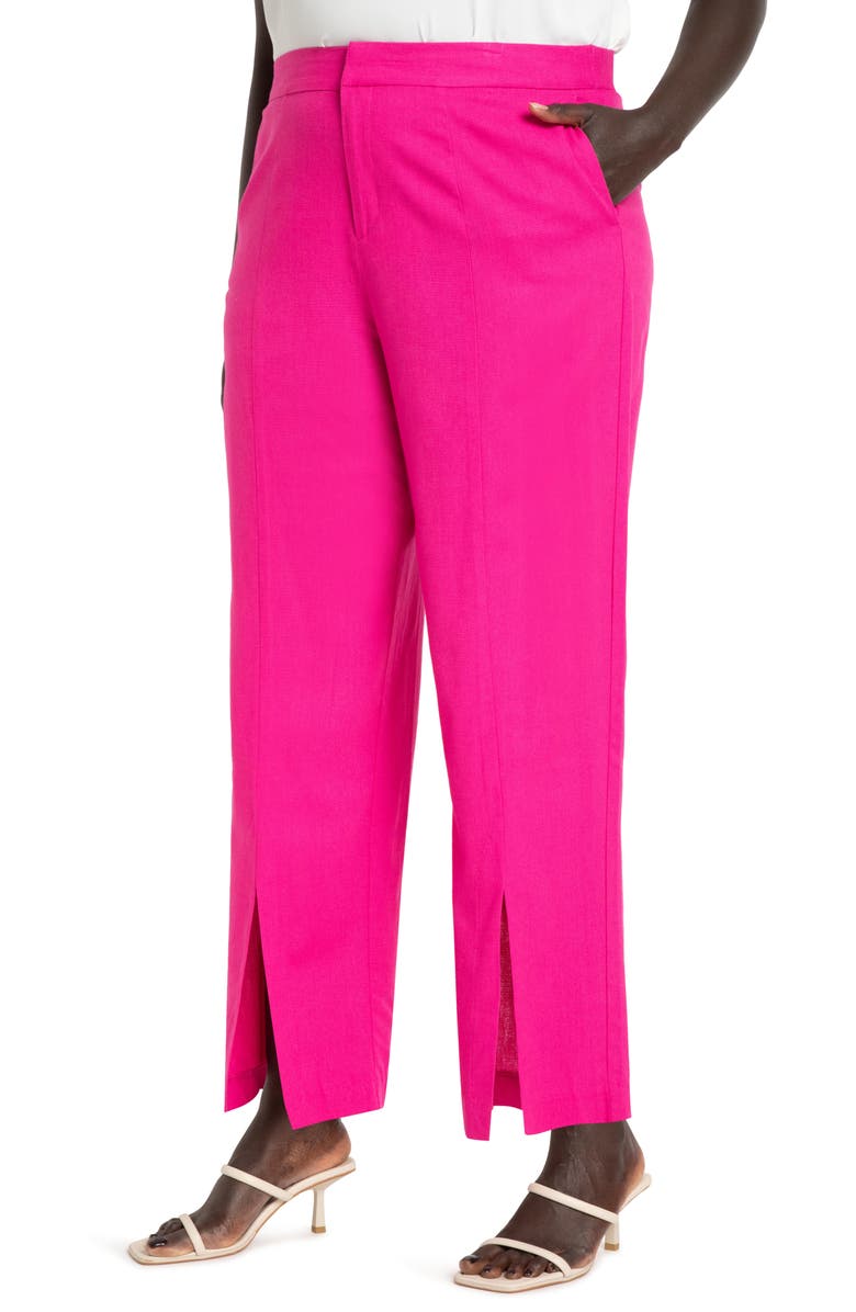 ELOQUII Slit Front Linen Blend Trousers, Main, color,