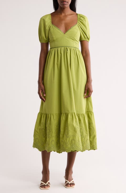 Puff Sleeve Embroidered Hem Maxi Dress