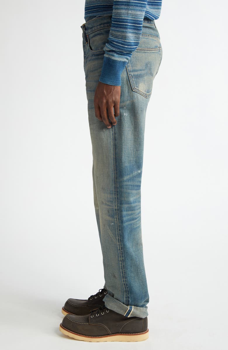 Double RL Distressed Selvedge Straight Fit Jeans, Alternate, color, Milner Wash