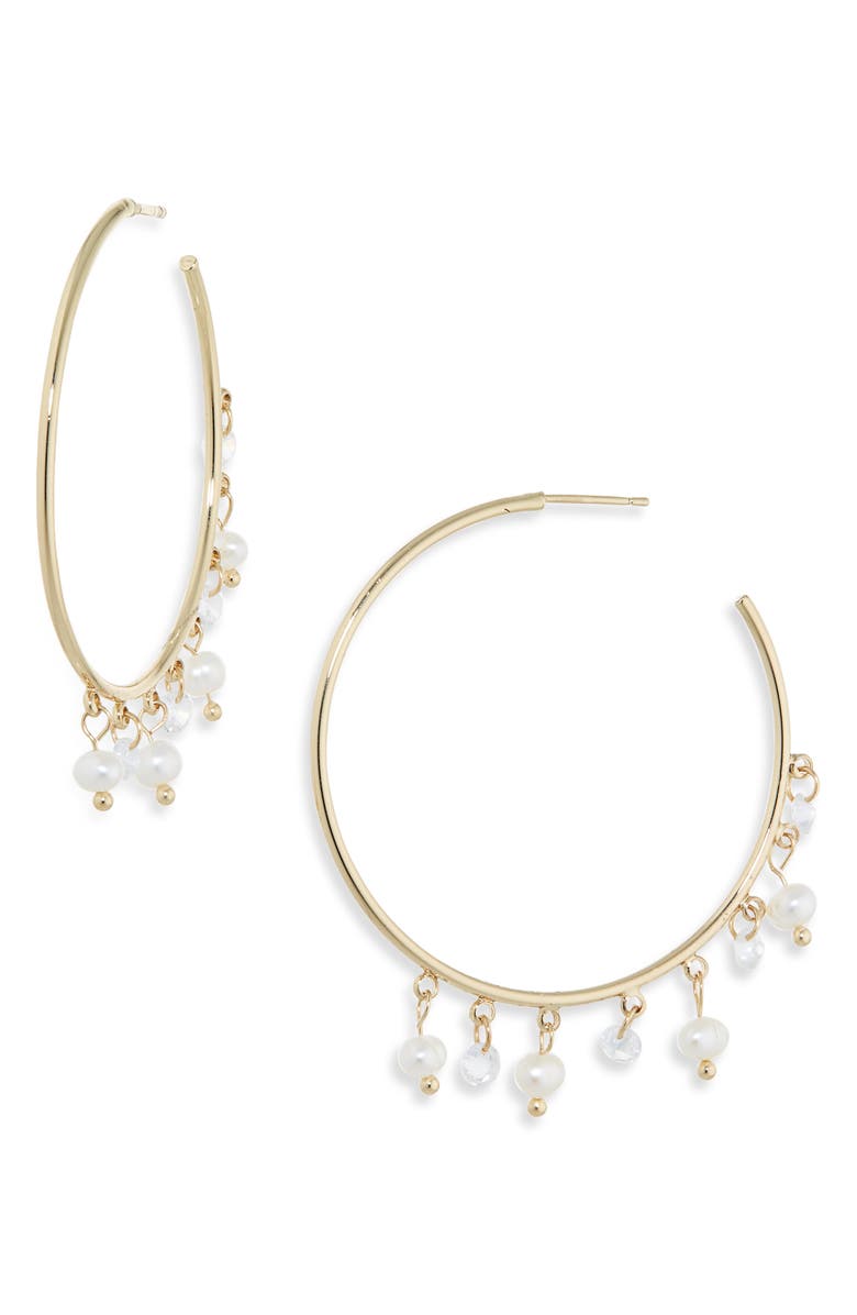 NORDSTROM RACK Cubic Zirconia & Faux Pearl Hoop Earrings, Main, color, Clear- White- Gold