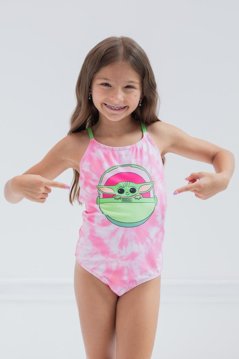The Mandalorian Grogu One Piece Bathing Suit, Alternate, color, Grogu Pink Tie Dye