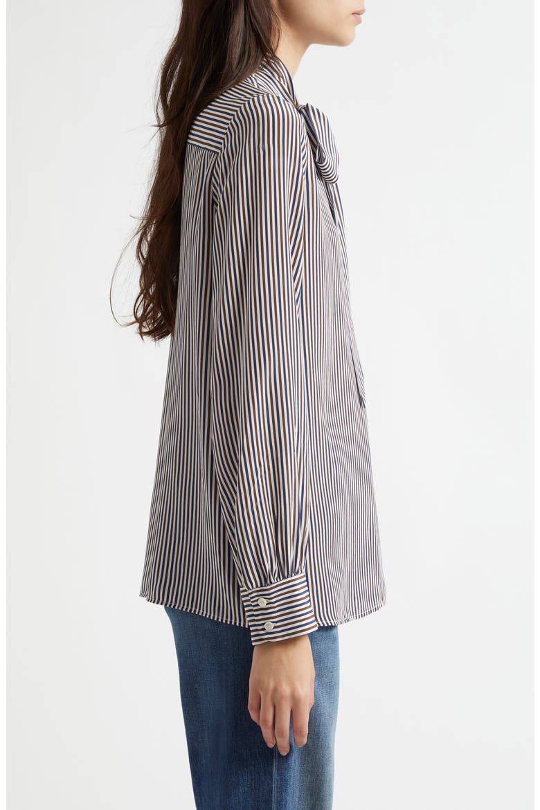 Irina Stripe Tie Neck Silk Button-Up Shirt, Alternate, color, IVY/ BROWN/ NAVY STRIPE