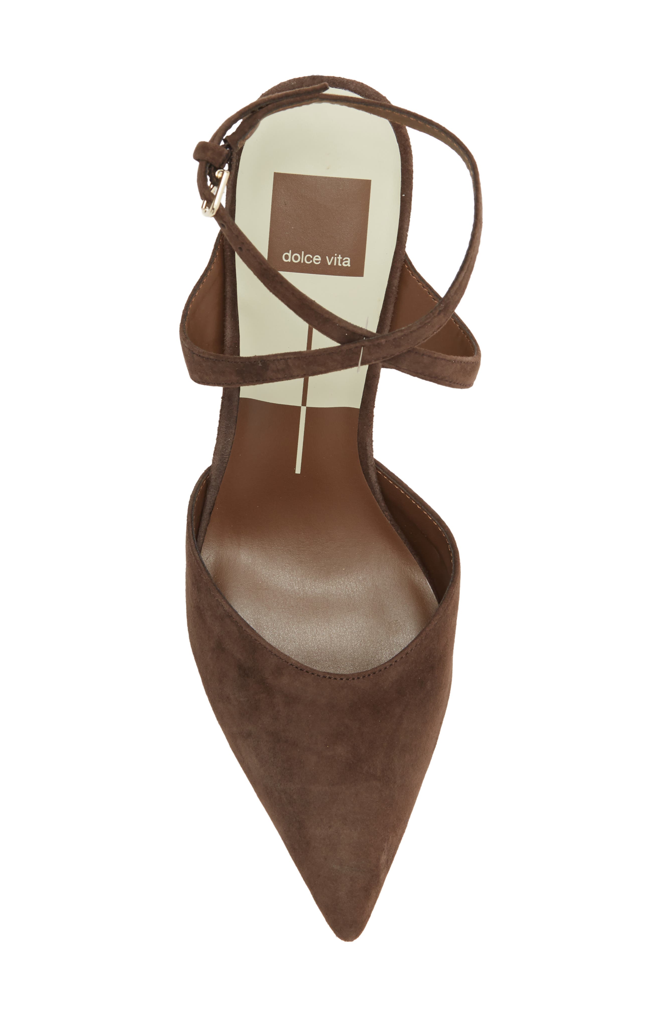 Eliora Pointed Toe Ankle Strap Pump, Alternate, color, DARK CHOCOLATE SUEDE