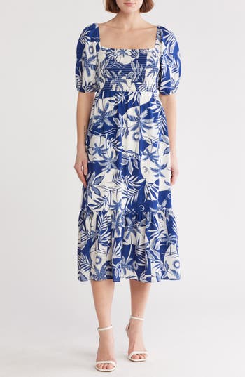 Melrose And Market Smocked Puff Sleeve Midi Dress In Blue- Ivory Belle Floral