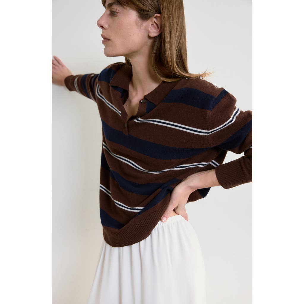 Almina Concept Lightweight Wool Polo in Brown Stripes at Nordstrom, Size Medium