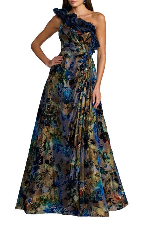 Floral One Shoulder Burnout Velvet Gown