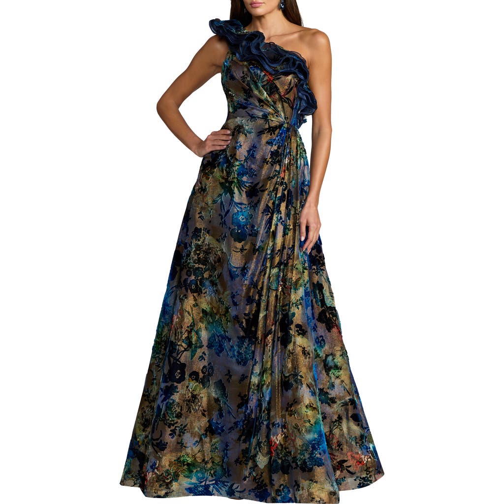 Mac Duggal Floral One Shoulder Burnout Velvet Gown in Black Multi at Nordstrom, Size 6
