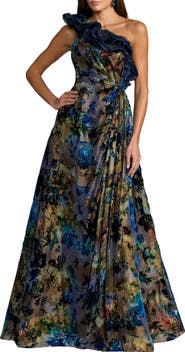 Mac Duggal Floral One Shoulder Burnout Velvet Gown