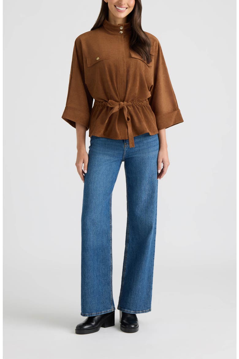 Faux Suede Tie Waist Jacket, Alternate, color, DARK TAN