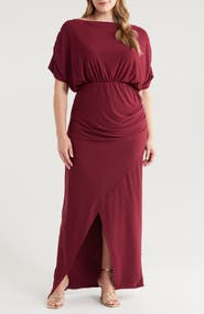 24seven Comfort Apparel Batwing Sleeve Front Slit Jersey Dress