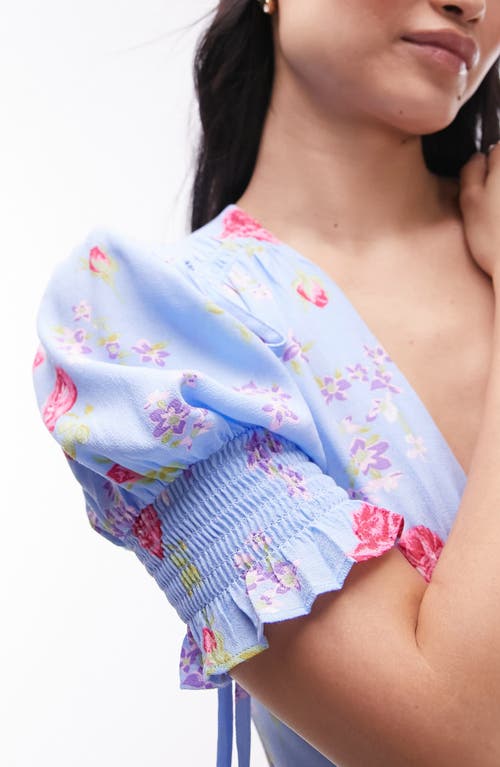 Topshop Floral Puff Sleeve Midi Dress In Blue