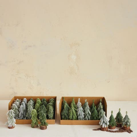 24-Piece Round Faux Evergreen Trees with Natural Wood Slice Bases, Ice Finish