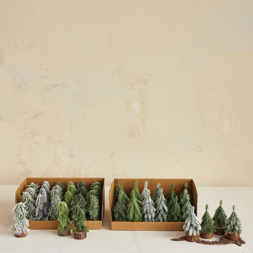 Olive Grove 24-Piece Round Faux Evergreen Trees with Natural Wood Slice Bases, Ice Finish at Nordstrom