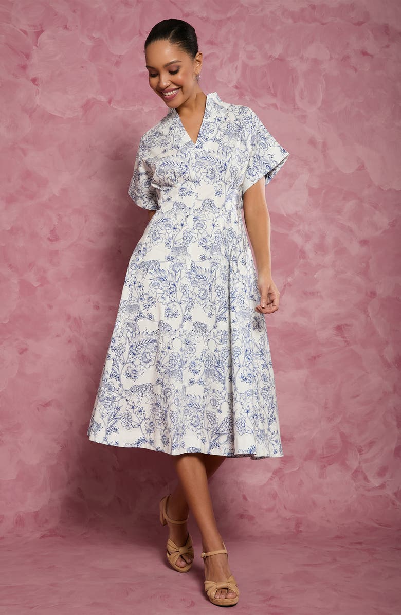 London Times Safari Drop Shoulder Midi Dress, Alternate, color, Soft White/ Dark Sea