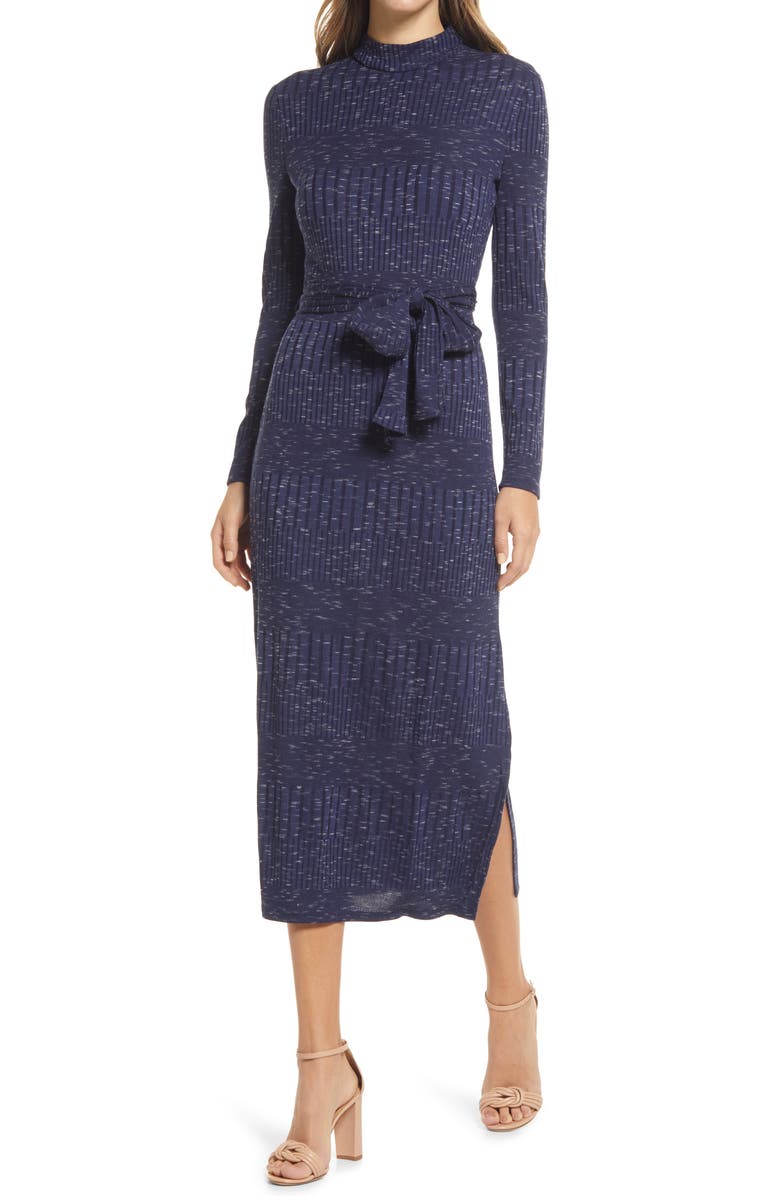 Maggy London Ribbed Mock Neck Waist Tie Long Sleeve Sweater Dress, Main, color, 