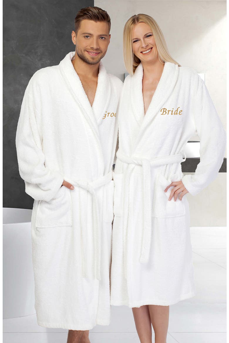 Gold Embroidered 'Groom' Terry Bathrobe, Alternate, color, WHITE