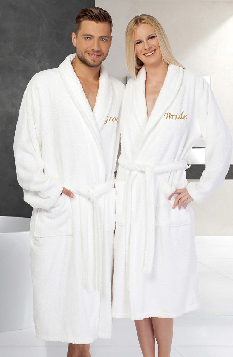Linum Home Textiles Gold Embroidered 'Groom' Terry Bathrobe, Alternate, color, White