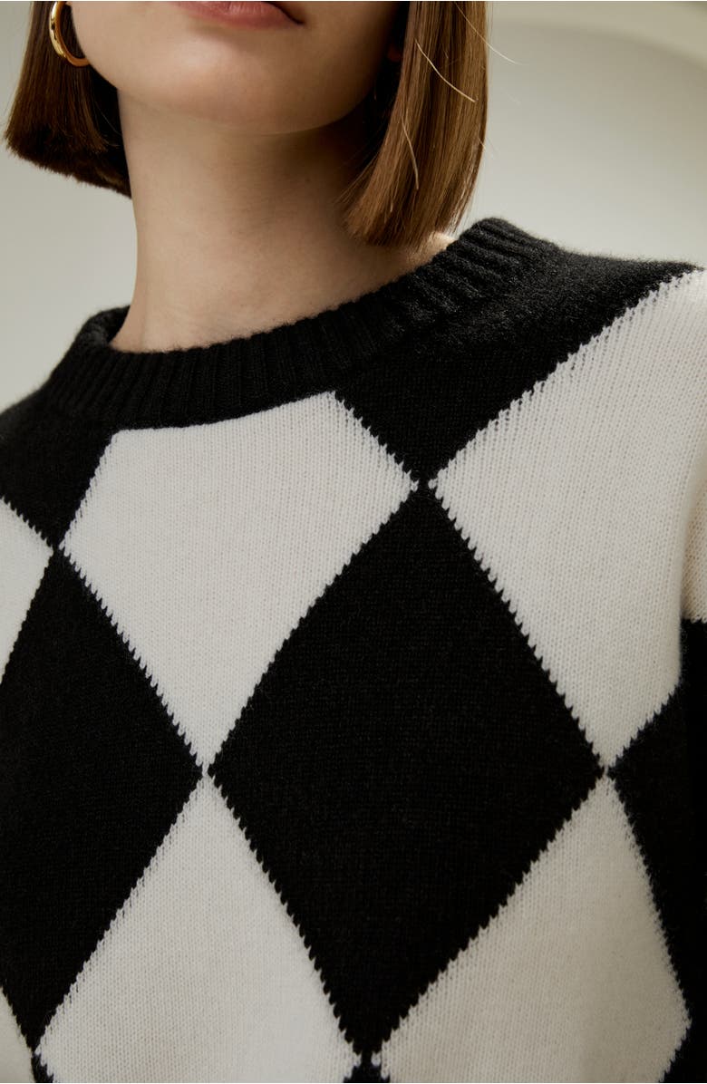 Lilysilk Round Neck Diamond Pattern Cashmere Sweater, Alternate, color, Black