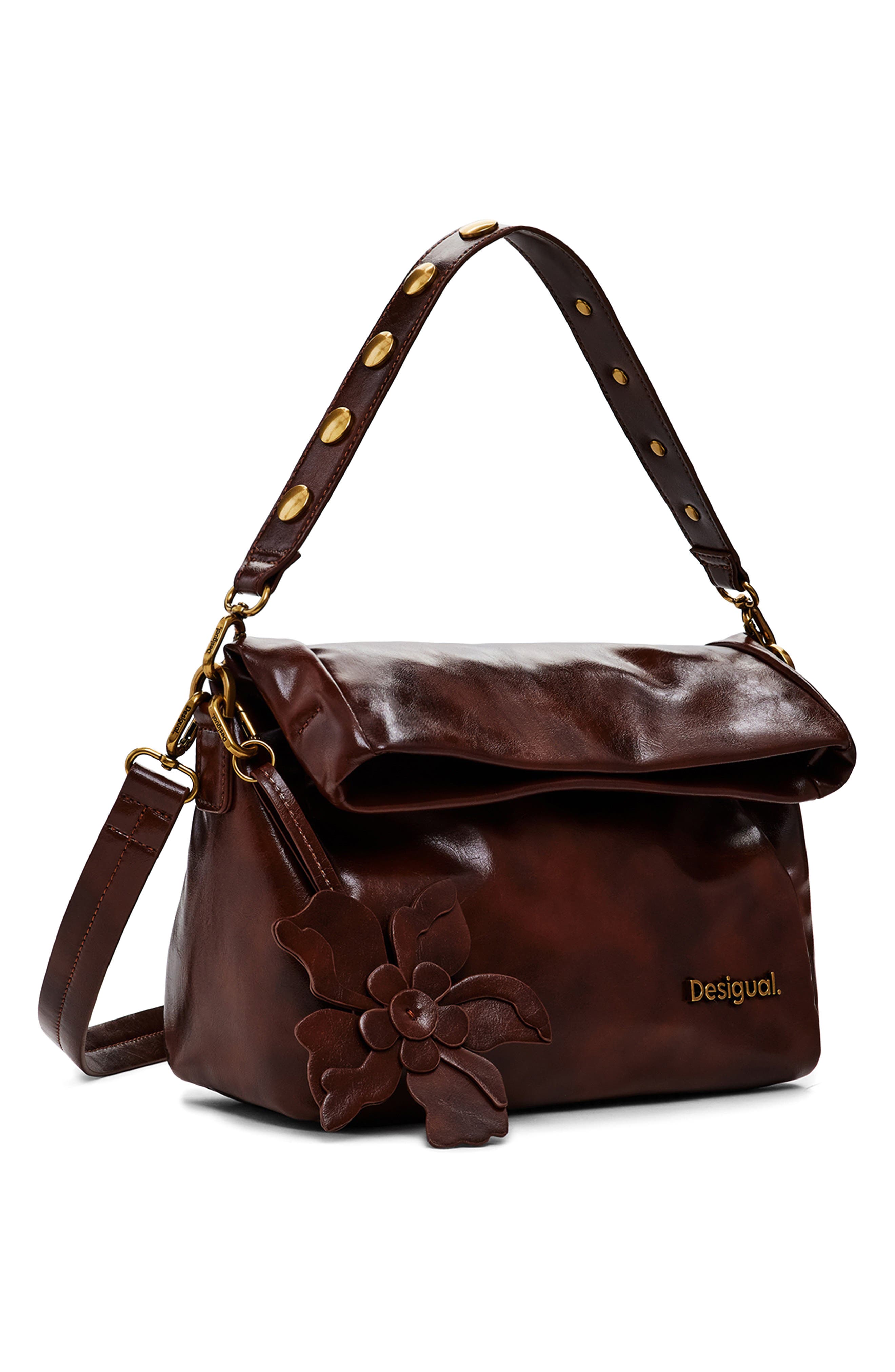 Desigual Faux Leather Flower Accent Shoulder Bag, Alternate, color, Brown