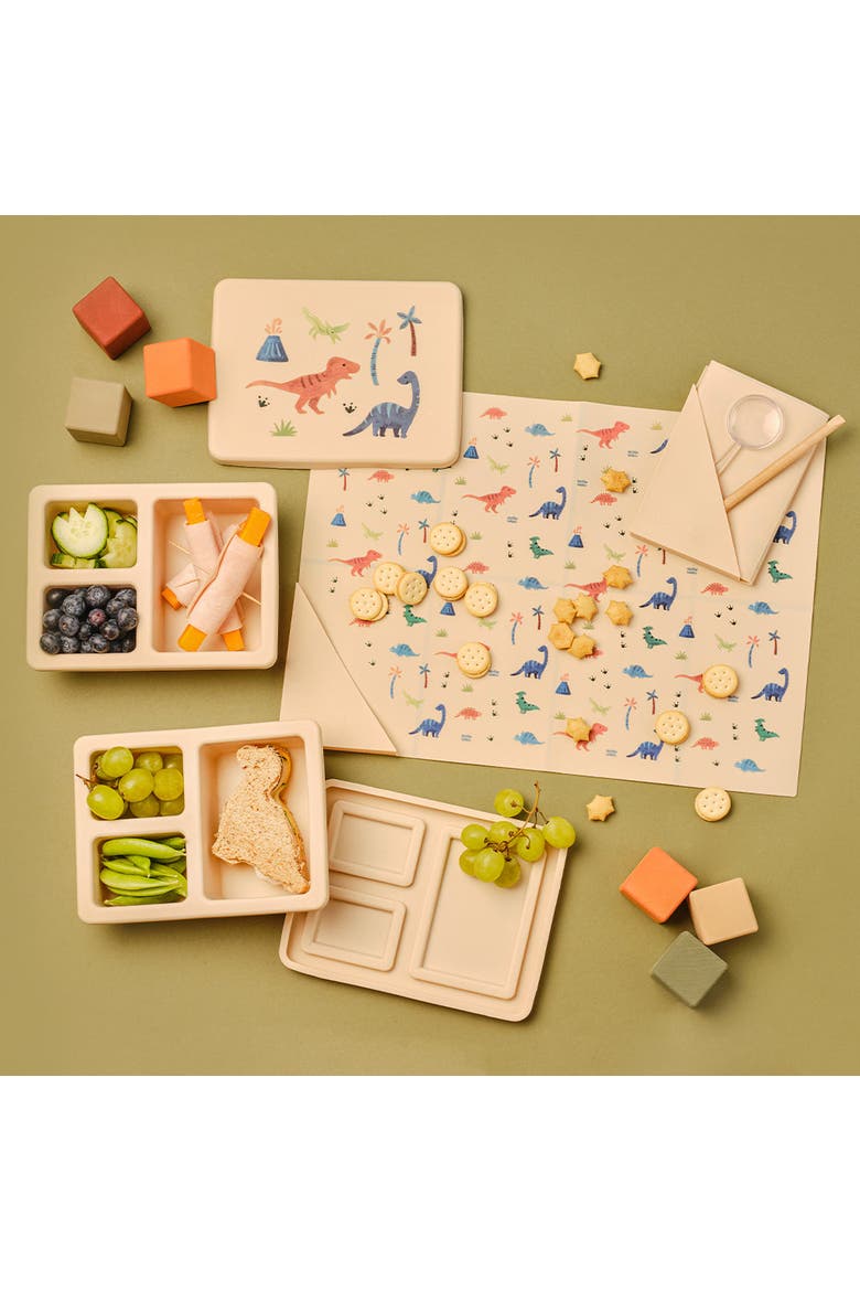 Silicone Mini Bento Box and Foldable Placemat, Alternate, color, Dinosaur Warm Cream