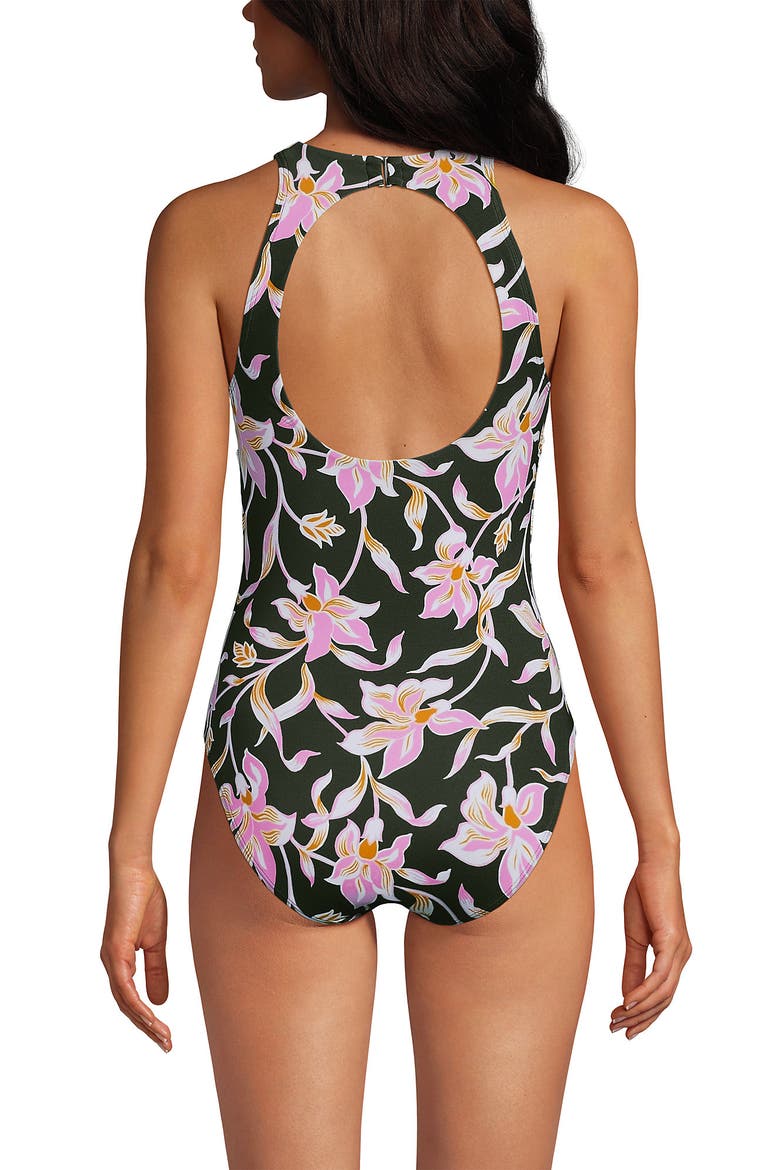Tugless High Neck Portrait Back One Piece Swimsuit, Alternate, color, Tropic Floral/Rich Olive