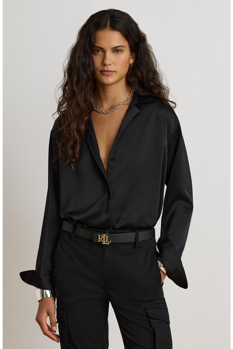 Kotta Satin Button-Up Shirt, Alternate, color, BLACK