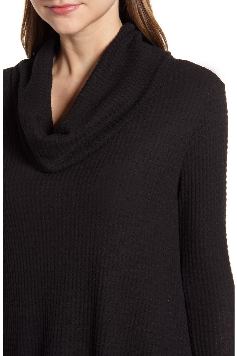 Cowl Neck Shark Bite Hem Waffle Knit Top, Alternate, color, BLACK