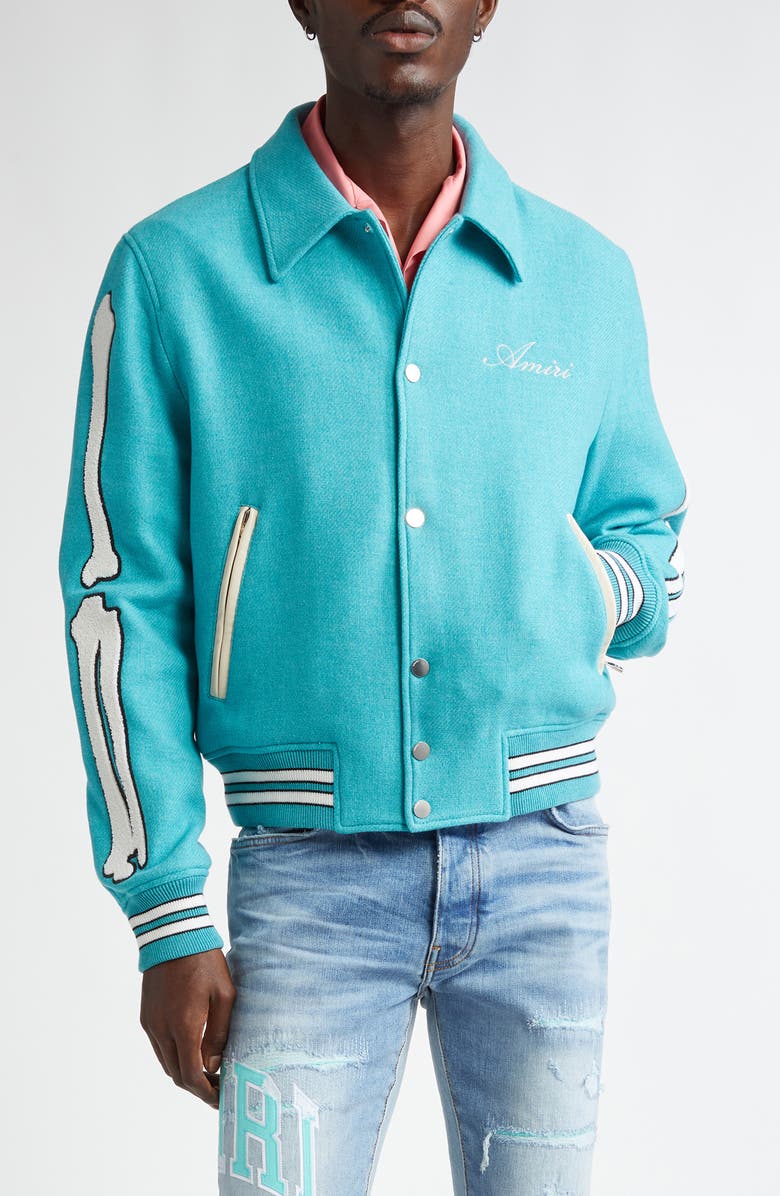 AMIRI Bones Wool Blend Varsity Jacket, Main, color, Sea Blue