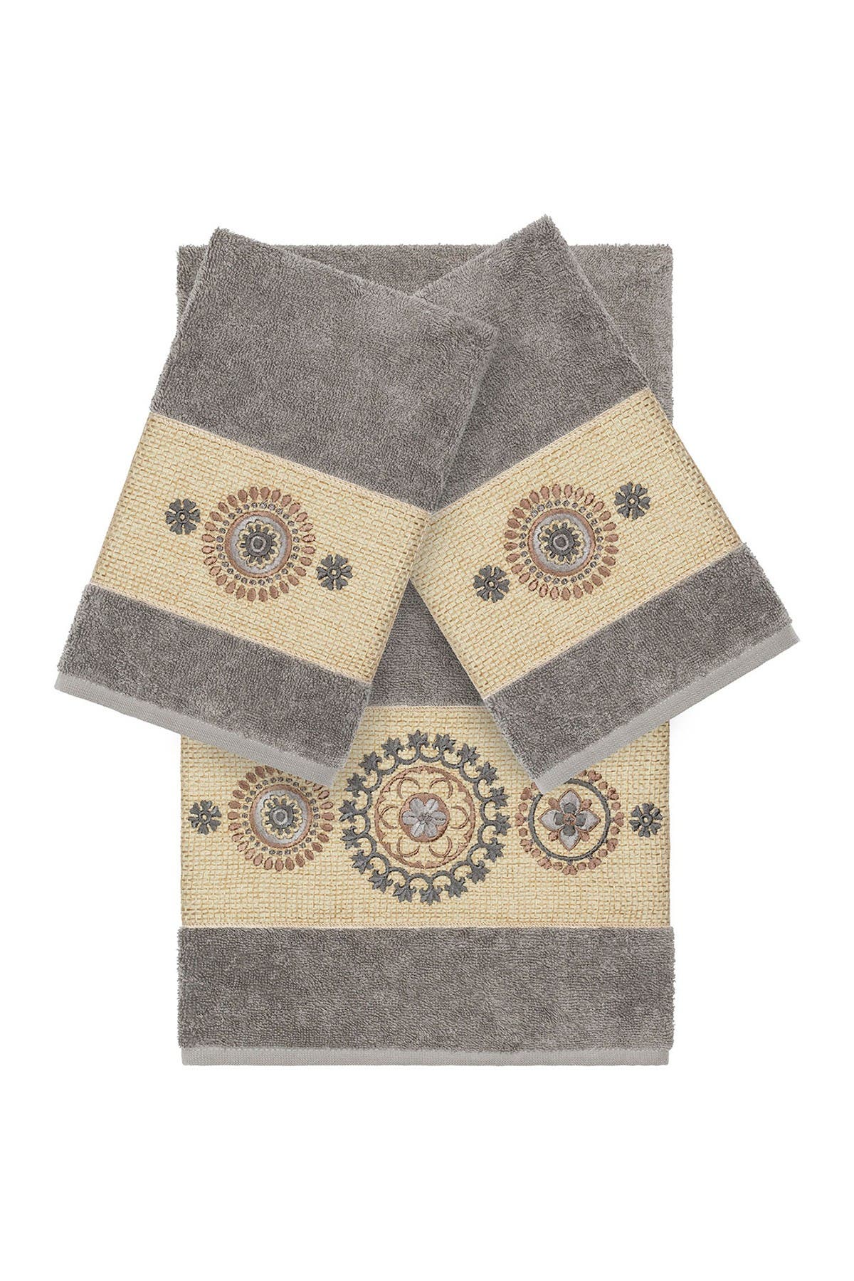 Linum Home Textiles Isabell 3-Piece Embellished Towel Set - Dark Grey